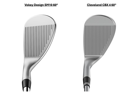 A graphic to show the different groove configurations between a Titleist Vokey Design 60 degree wedge and a Cleveland CBX4 of the same loft