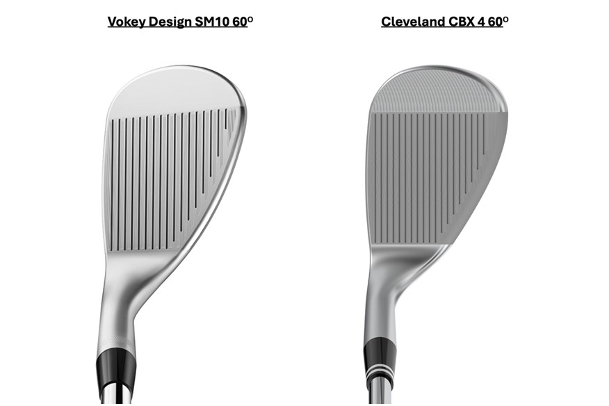 A graphic to show the different groove configurations between a Titleist Vokey Design 60 degree wedge and a Cleveland CBX4 of the same loft  