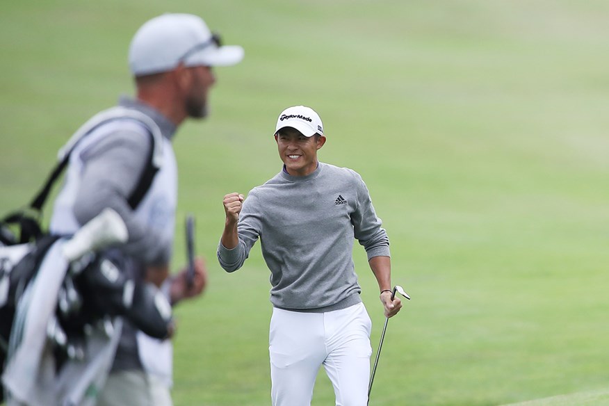 Collin Morikawa after chipping in for birdie on the 14th hole.