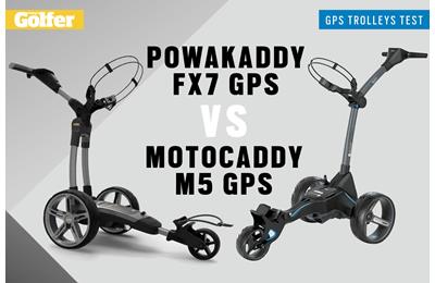 PowaKaddy FX7 GPS and Motocaddy M5 GPS electric golf trolleys.