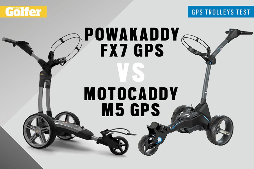 PowaKaddy FX7 GPS and Motocaddy M5 GPS electric golf trolleys.