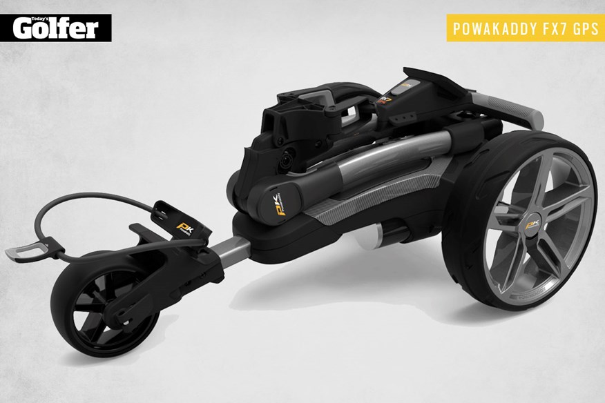 The folded PowaKaddy FX7 GPS electric golf trolley.