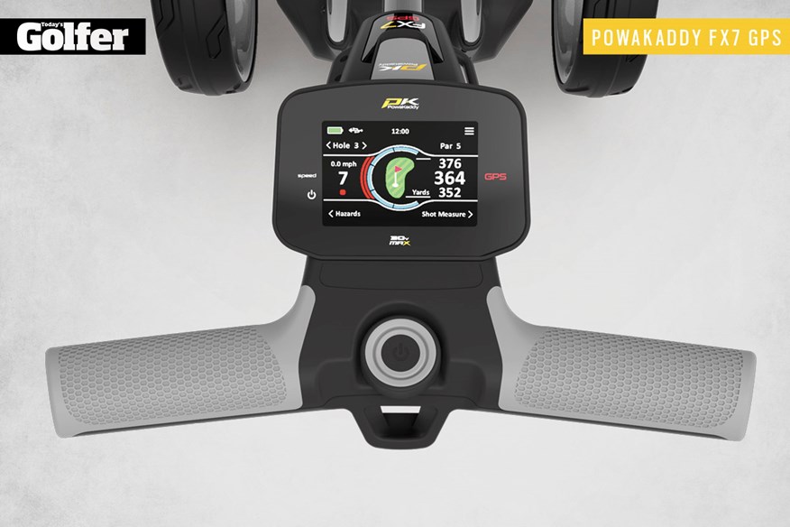 The handle of the PowaKaddy FX7 GPS electric golf trolley.