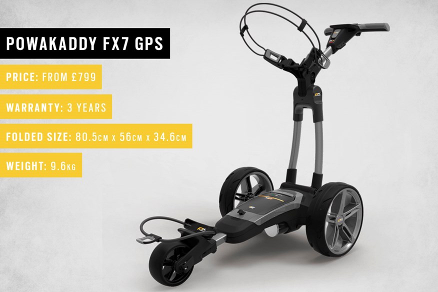 The PowaKaddy FX7 GPS electric golf trolley.