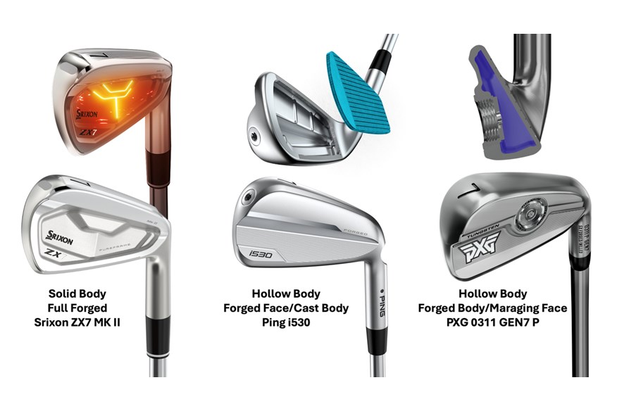 A graphic showing the differences between a solid full forged iron and those that have hollow body and either a forged face or forged body. 