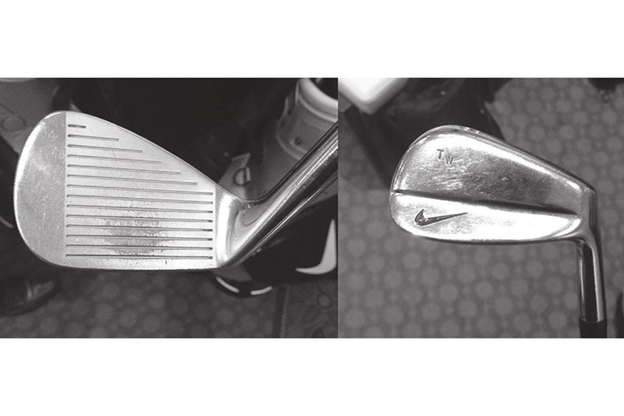 The wear mark on an iron played by Tiger Woods