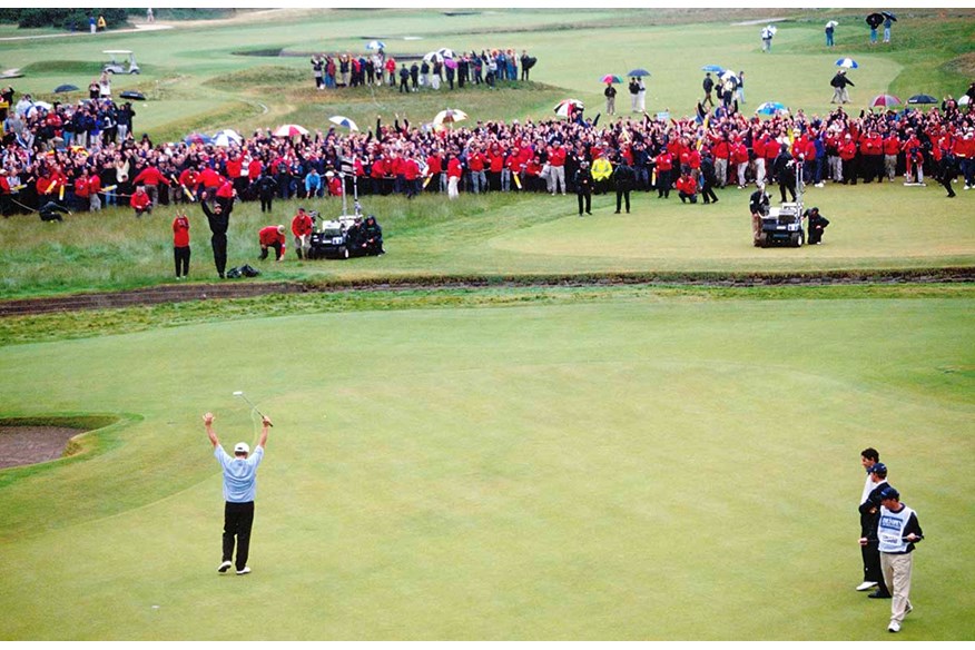 Paul Lawrie celebrates winning The open at Carnoustie in 1999.