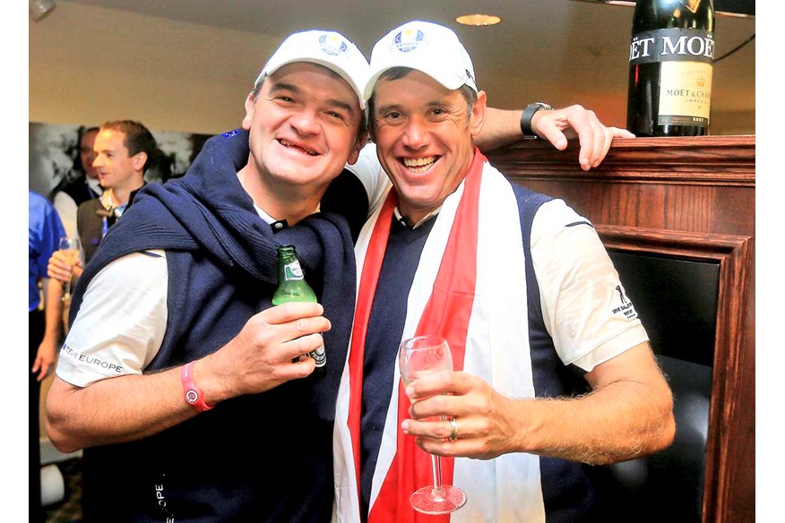 Paul Lawrie and Lee Westwood celebrate the Miracle at Medinah.