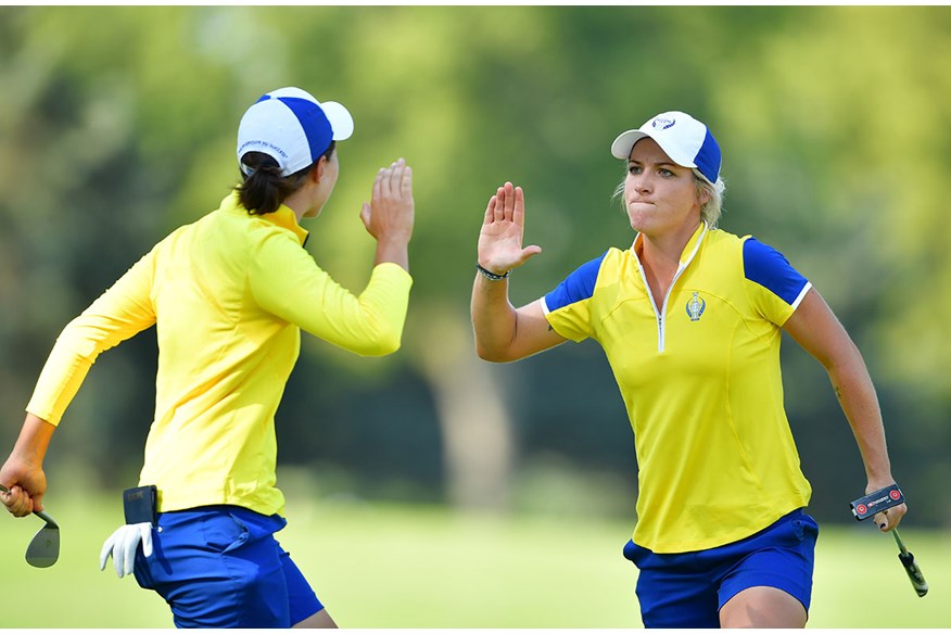 A pumped up Mel Reid in Solheim Cup action.