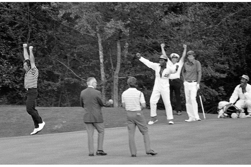 Jariah Beard jumps for joy as Fuzzy Zoeller wins the Masters in 1979.