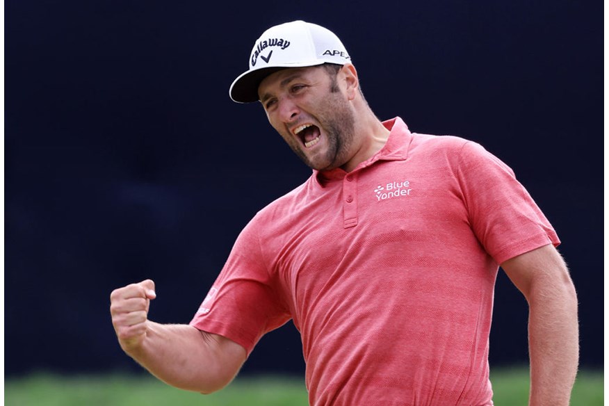 Jon Rahm celebrates holing the birdie putt that won him the US Open.