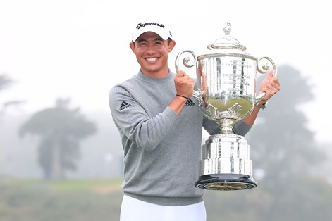 Collin Morikawa lifts the Wanamaker Trophy at TPC Harding Park. Collin Morikawa lifts the Wanamaker Trophy at TPC Harding Park.