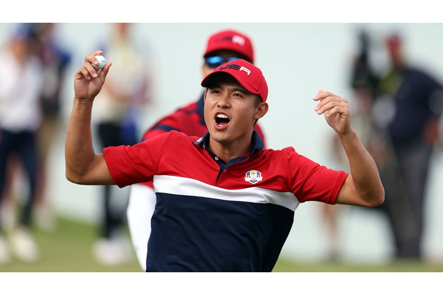 Collin Morikawa celebrates Team USA's Ryder Cup win.