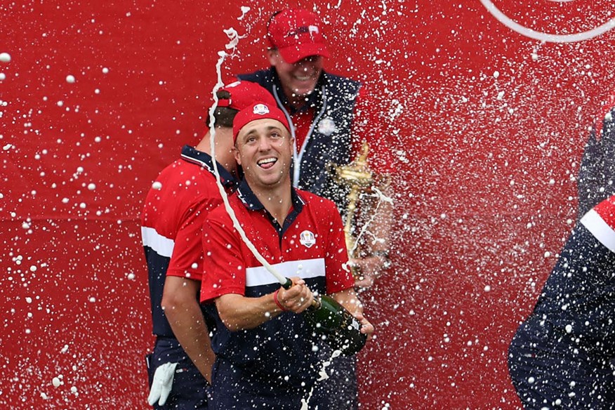 Justin Thomas celebrates winning the Ryder Cup at Whistling Straits.