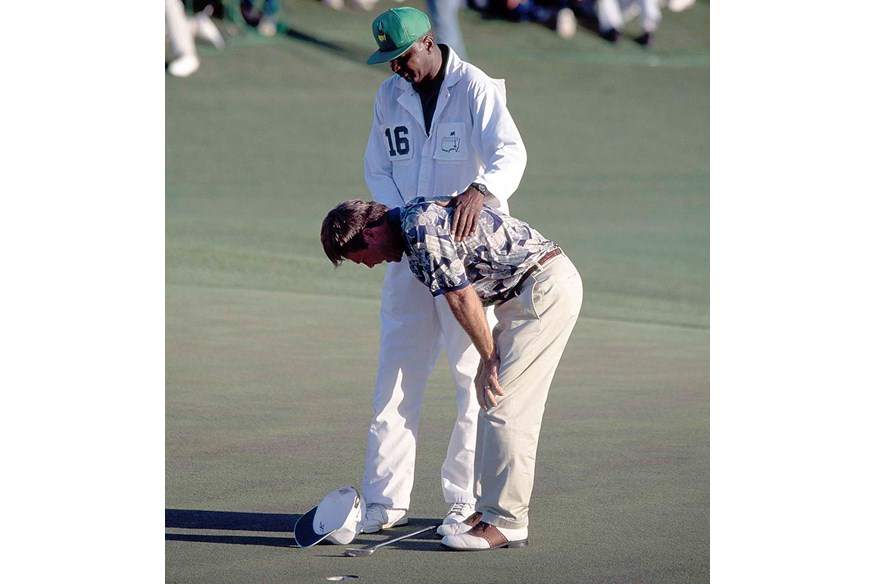 Ben Crenshaw breaks down with Carl Jackson after winning the 1995 Masters.