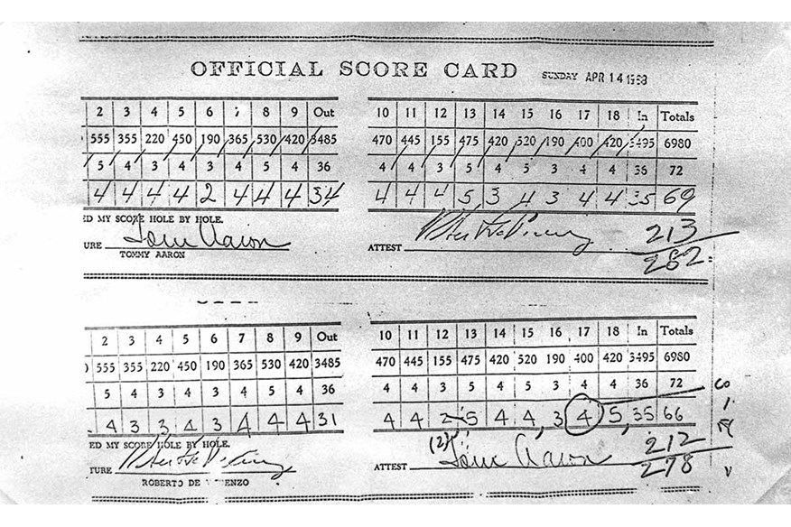 Roberto de Vicenzo's Masters scorecard, with the 17th hole error circled.