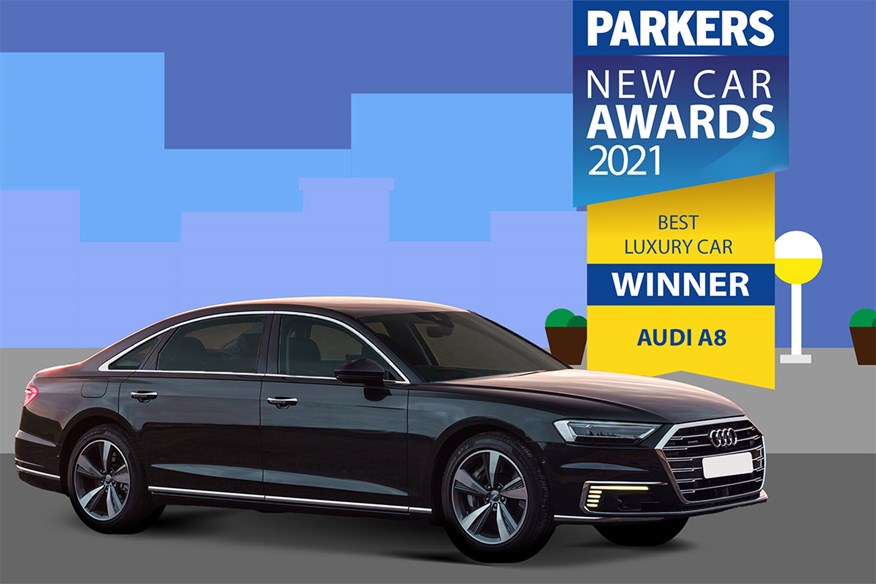 Audi A8 wins Best Luxury Car in the Parkers New Car Awards 2021.