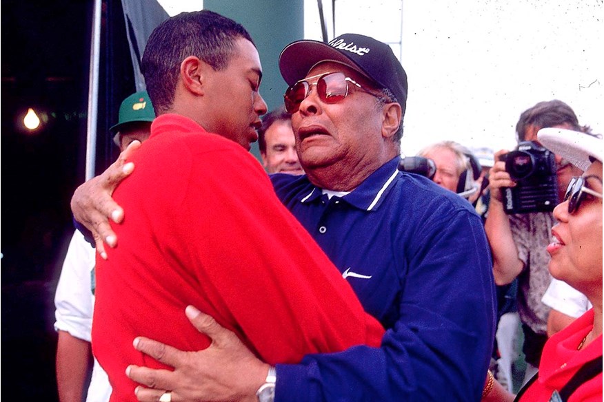 Tiger Woods celebrates his 1997 Masters victory with father Earl.