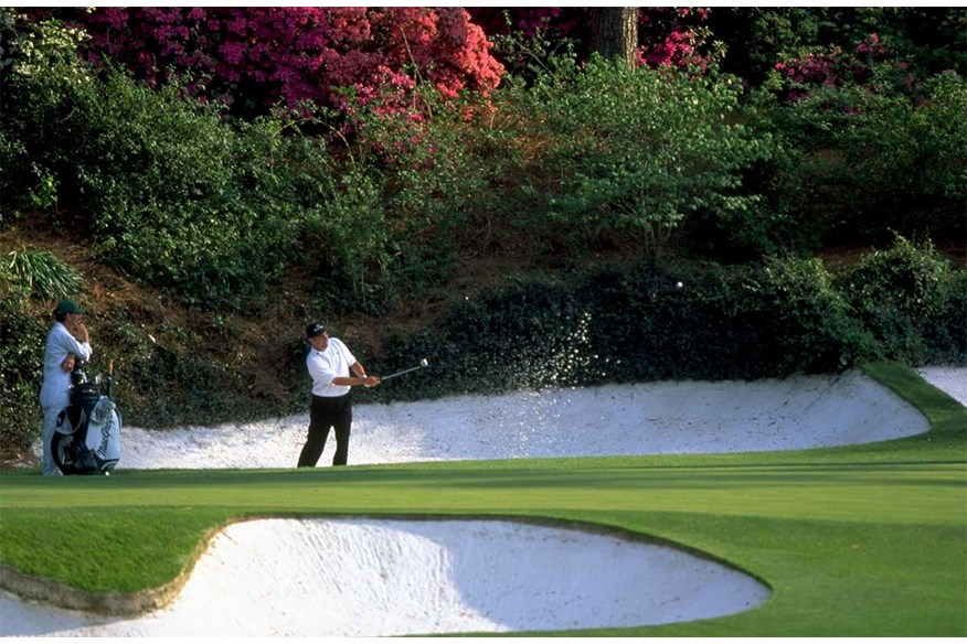 Olazabal escapes the Augusta sand on his way to victory at the 1999 Masters.