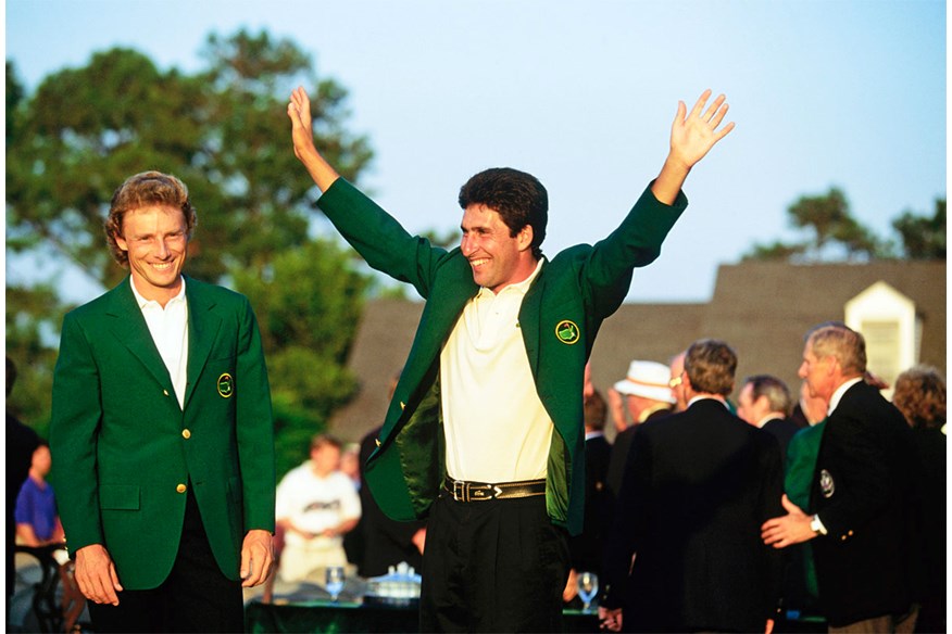 Olazabal celebrates winning his maiden Major at the 1994 Masters.