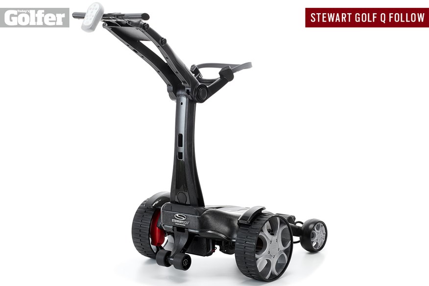 The rear view of Stewart golf's Q Follow electric trolley and remote.