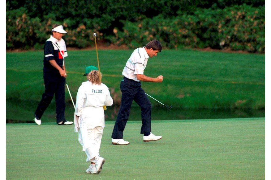 Faldo on his way to a successful Masters defence in 1990.