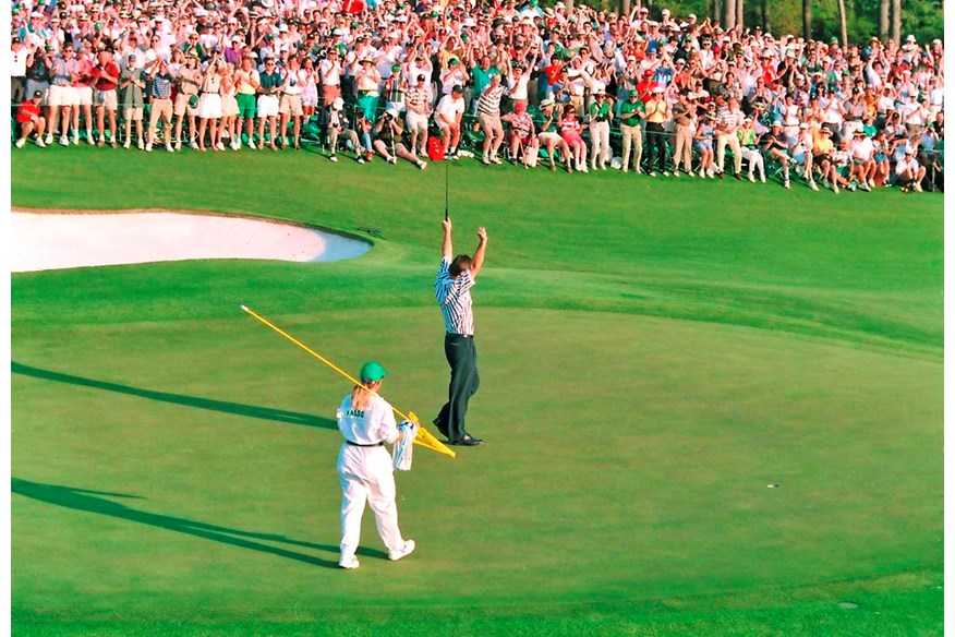 Faldo celebrates at the Masters in 1996.