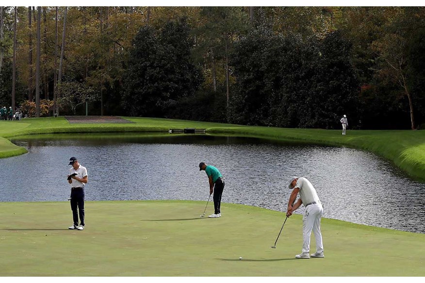 Justin Thomas, Tiger Woods and Bryson DeChambeau practising at Augusta.