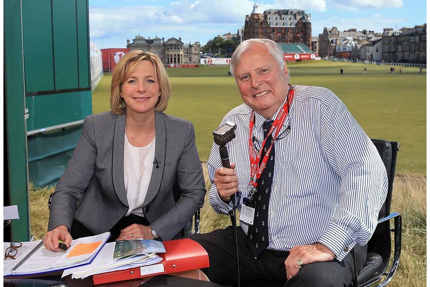 Peter Alliss working at the Women's British Open at St Andrews with Hazel Irvine.