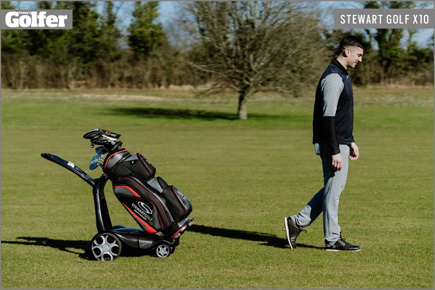 The Stewart Golf X10 Follow electric golf trolley.