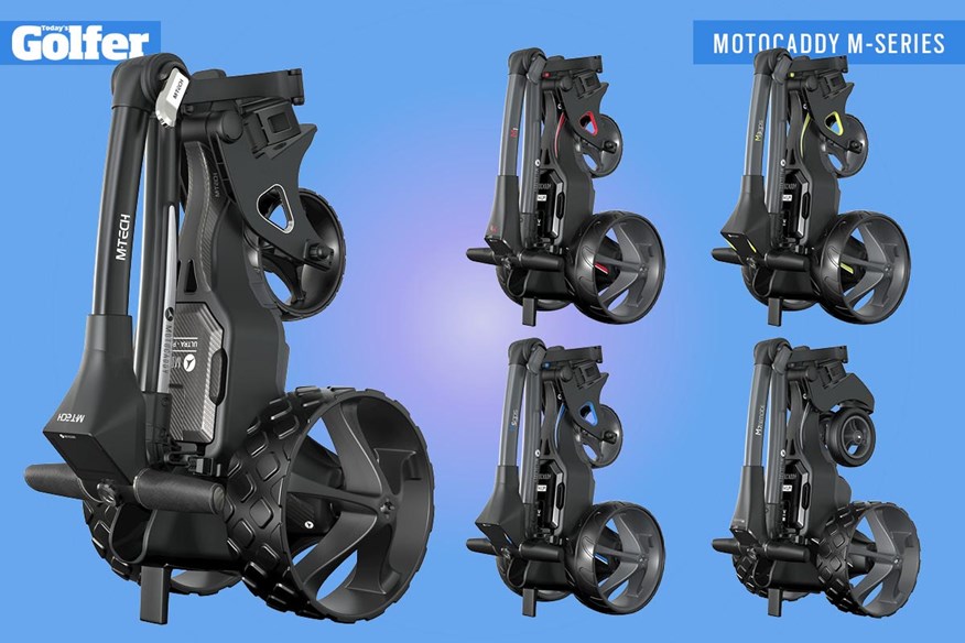 The Motocaddy M-Series trolleys when folded. Clockwise, from left: M-TECH, M1, M3 GPS, M7 Remote, M5 GPS.