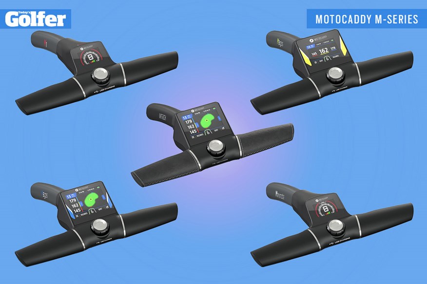 The handles of the new Motocaddy M-Series trolleys - M-TECH (centre), M1 (top left), M3 GPS (top right), M5 GPS (bottom left) and M7 Remote (bottom right).