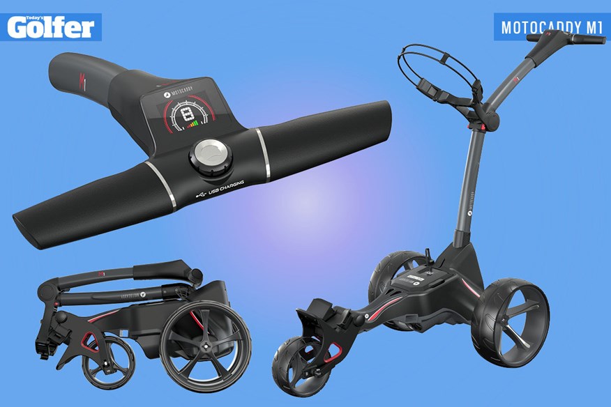 Motocaddy M1 electric golf trolley.