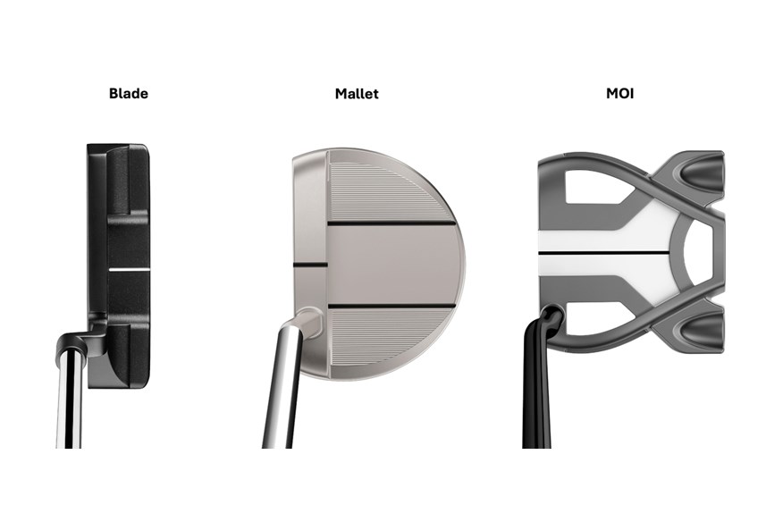 An image to show the difference in body shape between a blade, mallet and MOI putter