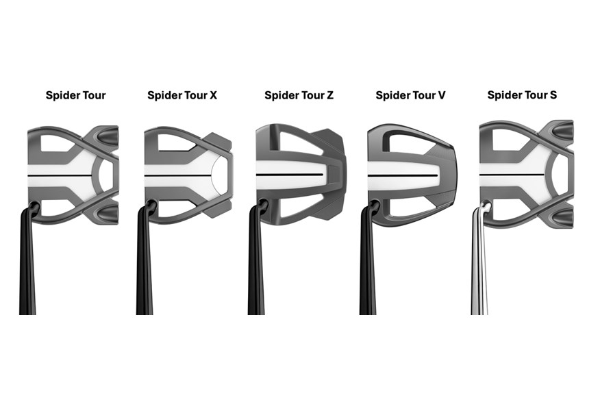 All five models of the TaylorMade Spider Tour family at address 