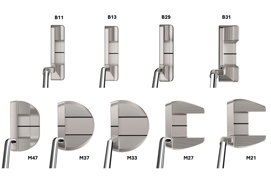 All of the TaylorMade TP Reserve putter family shown in the play position