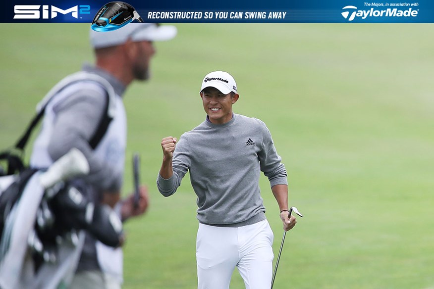 Collin Morikawa celebrates at TPC Harding Park.