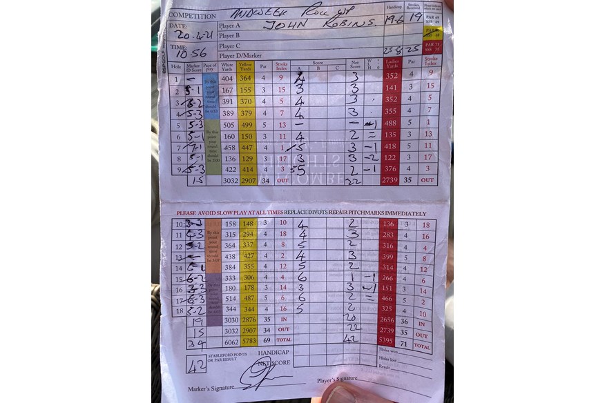 The scorecard from John Robins' lowest scoring round of golf.