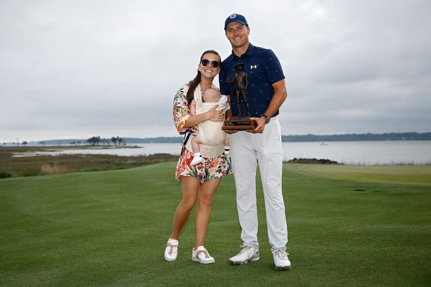 Jordan Spieth's win at the RBC Heritage was his first as a father. He's pictured with wife Annie Verret and son Sammy.