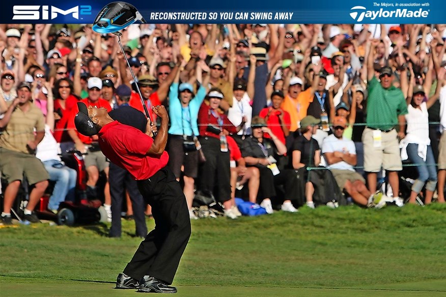 Tiger Woods celebrates holing the putt to force a play-off at Torrey Pines in 2008.