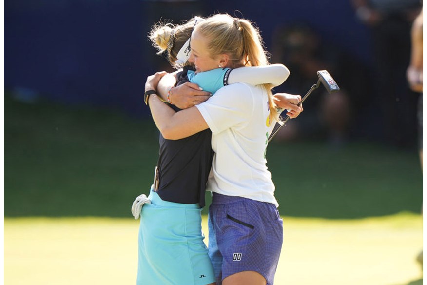 Jessica Korda congratulates younger sister Nelly on her KPMG PGA Championship win.