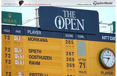 The famous yellow Open Championship leaderboard.