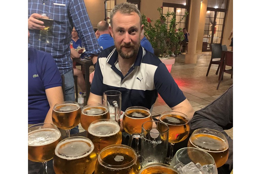 John's Bad Golf co-creator, Alex Horne, with plenty of pints on a golf trip!