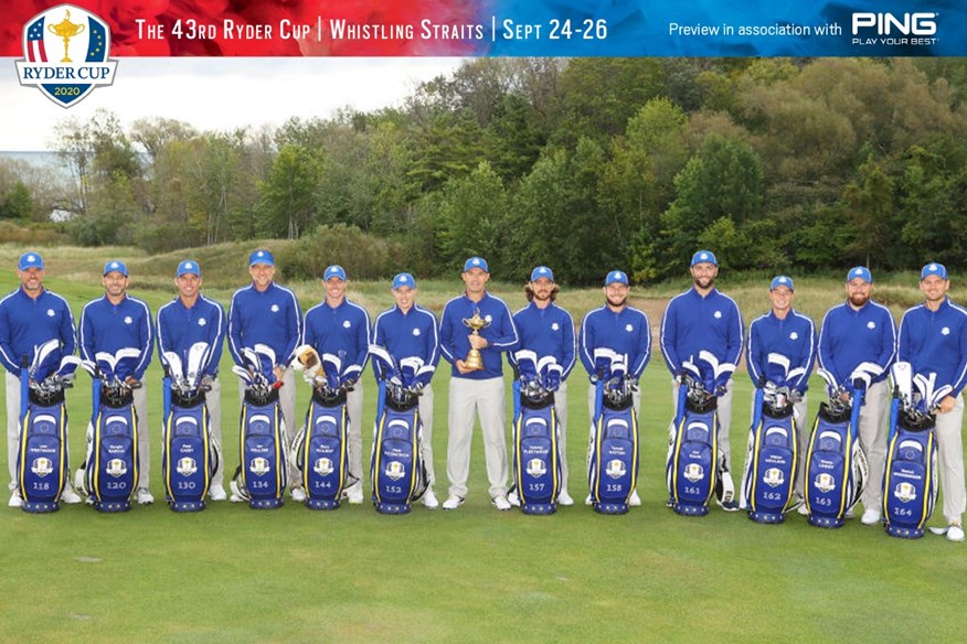 Padraig Harrington poses with the Ryder cup as his Team Europe players pose with their bags at Whistling Straits.