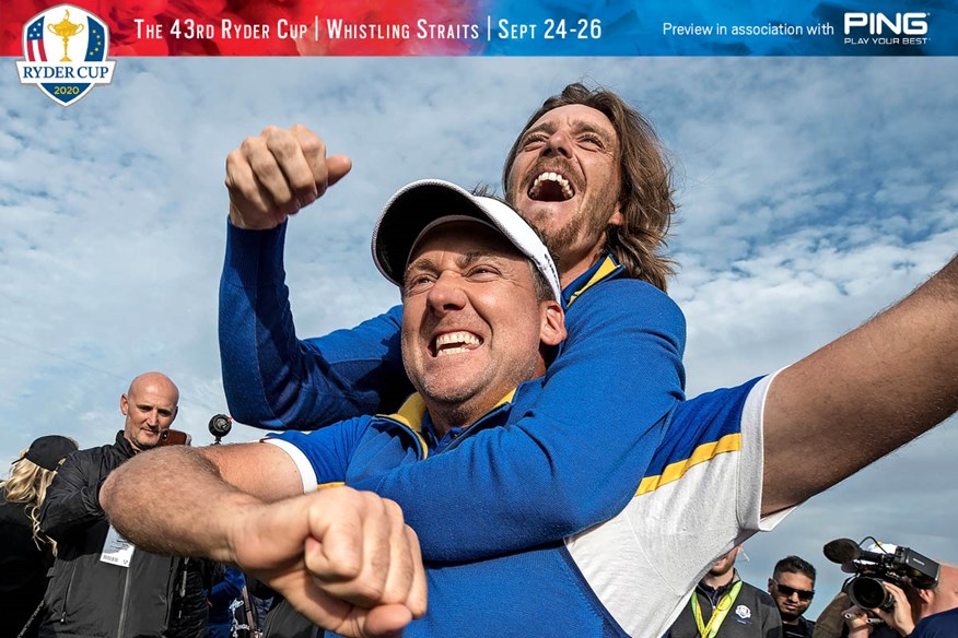 Tommy Fleetwood and Ian Poulter celebrate Europe's 2018 Ryder Cup win