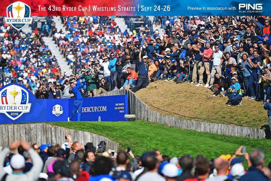 Rory McIlroy tees off during the 2018 Ryder Cup