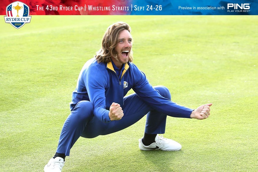 Tommy Fleetwood celebrates Team Europe's Ryder Cup win at Le Golf National in 2018.