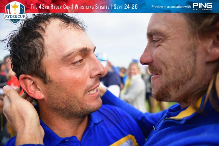 Tommy Fleetwood congratulates Francesco Molinari on sealing the winning point for Team Europe at the 2018 Ryder Cup.