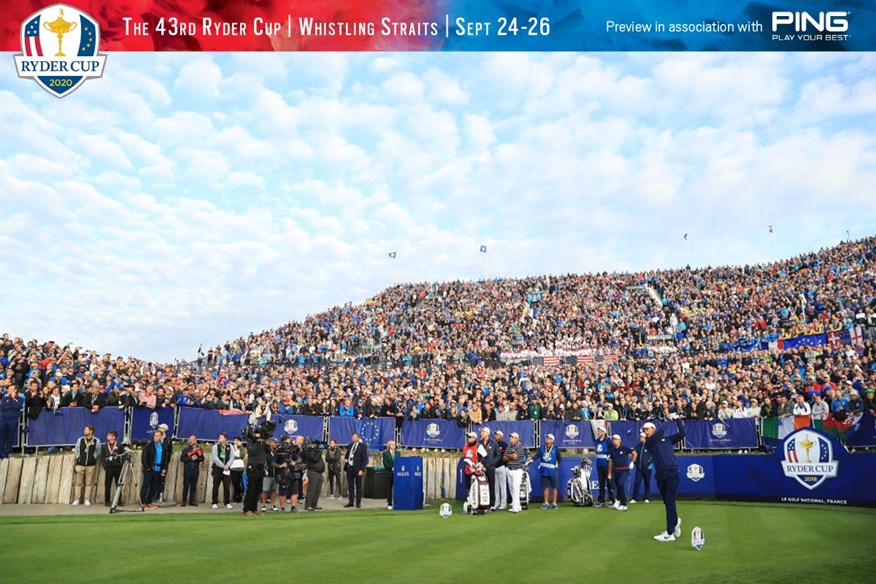 Tommy Fleetwood tees off in front of 7,000 fans at the 2018 Ryder Cup.