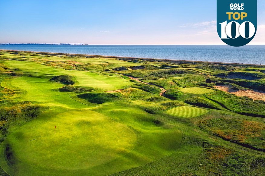 Looking across the 16th and 17th holes at Royal Cinque Ports. The par-4 16th is one of the best golf holes in Great Britain and Ireland.